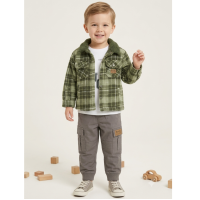 J15602: Boys Bench Sherpa Lined Check Shacket, Top & Cargo Pant Outfit (2-6 Years)